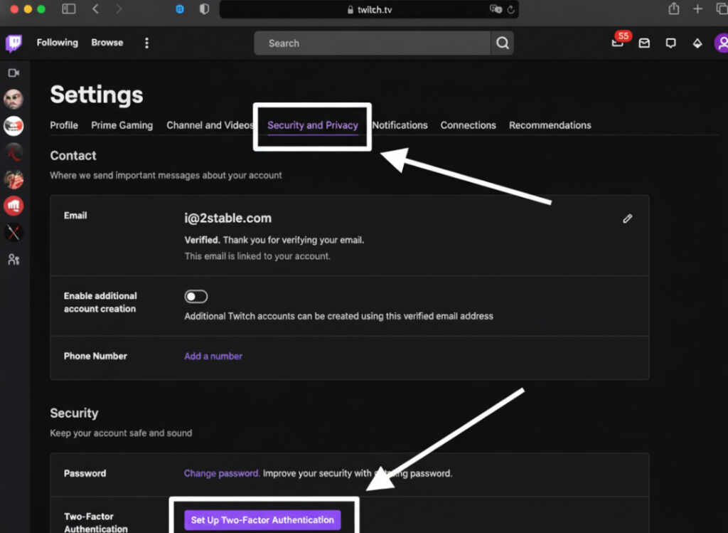트위치 2단계 인증 설정