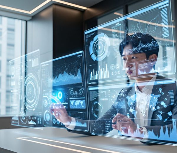 한국인 보안 연구원이 투명한 홀로그램 화면을 통해 데이터를 분석하는 장면